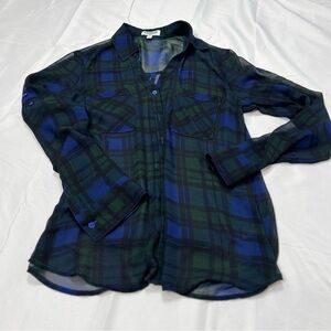 Express Plaid Sheer Blouse Size S Blue Green Button Front Portofino Style Top